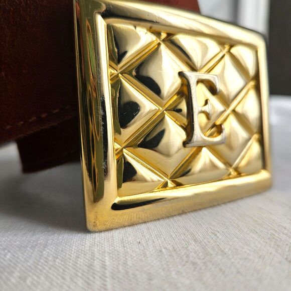 Vintage 80s ESCADA Classic Designer E Logo Belt in Rich Brown Suede XS SMALL - Picture 3 of 12